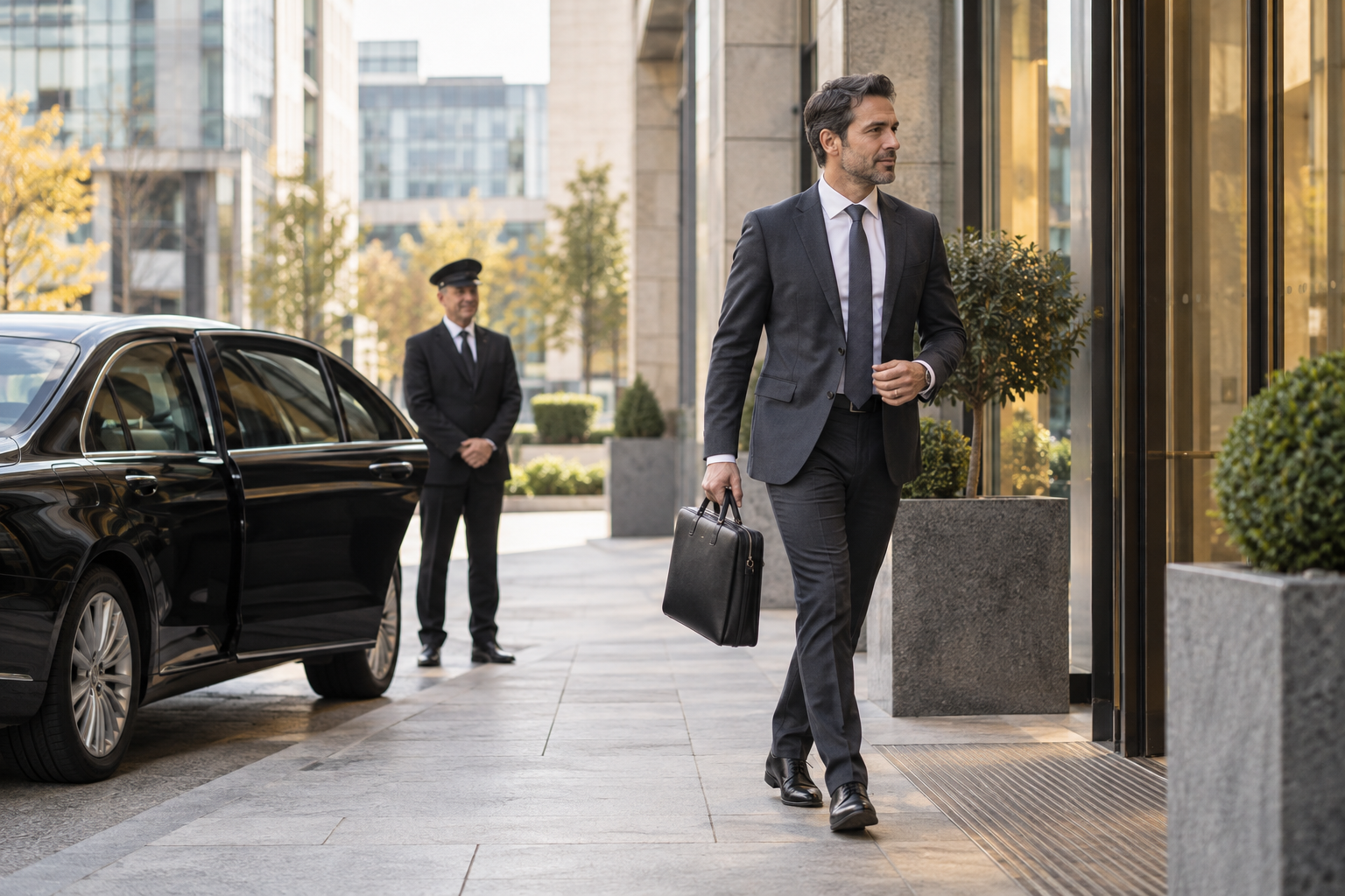 A passenger arriving at a business destination with a chauffeur