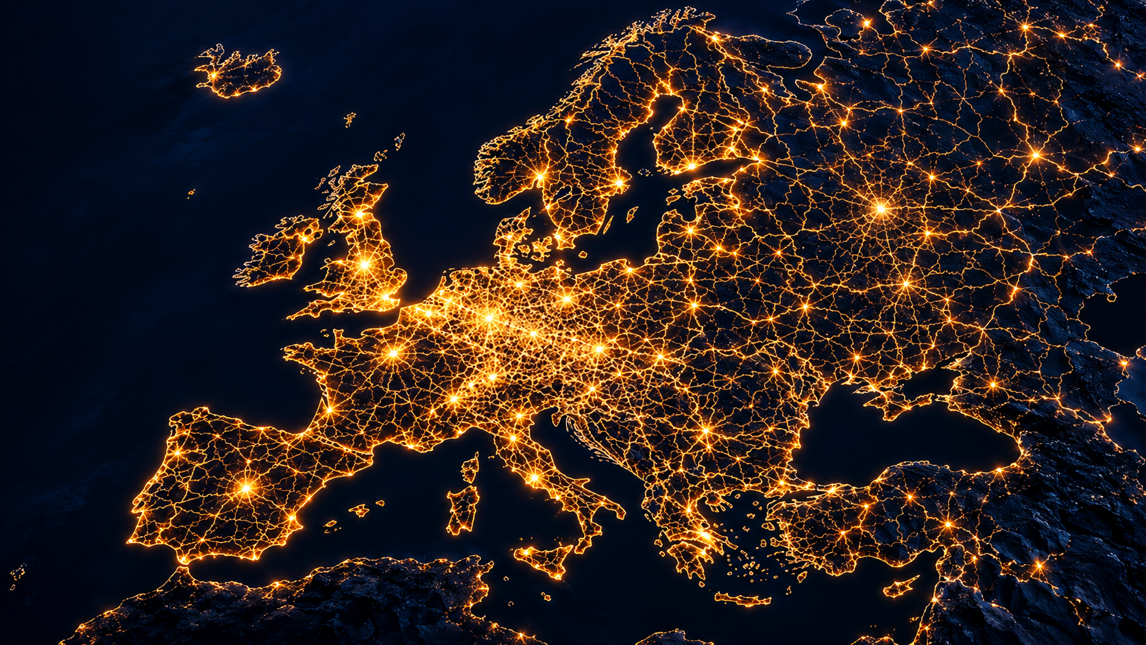 European city lights connected by subtle international travel routes at night