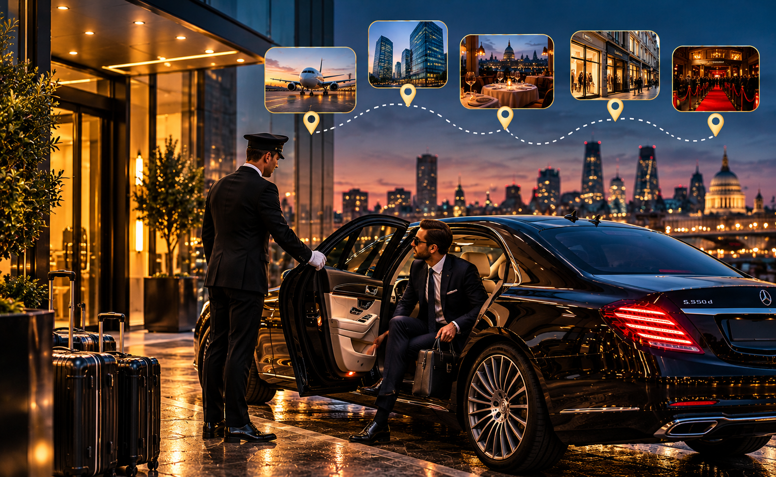 Luxury chauffeur car travelling through the city at dusk